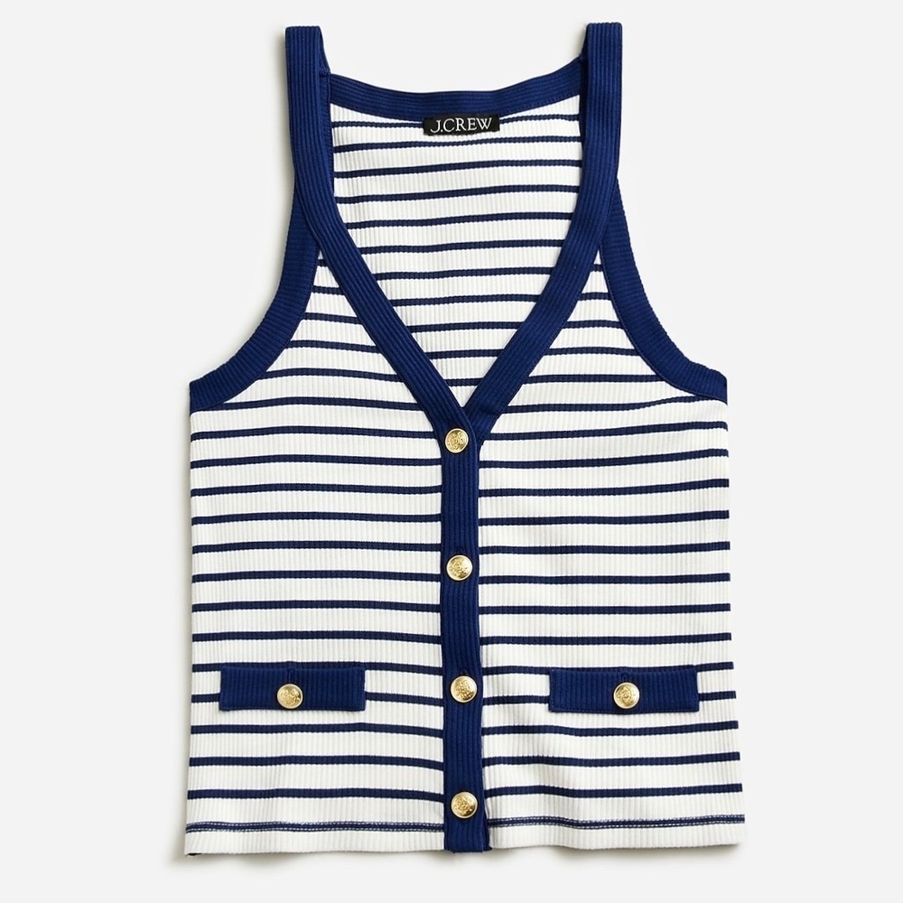J.Crew‎ Lady Jacket Ribbed Knit Tank Top Sz M Stripe Crest Gold Buttons Nautical